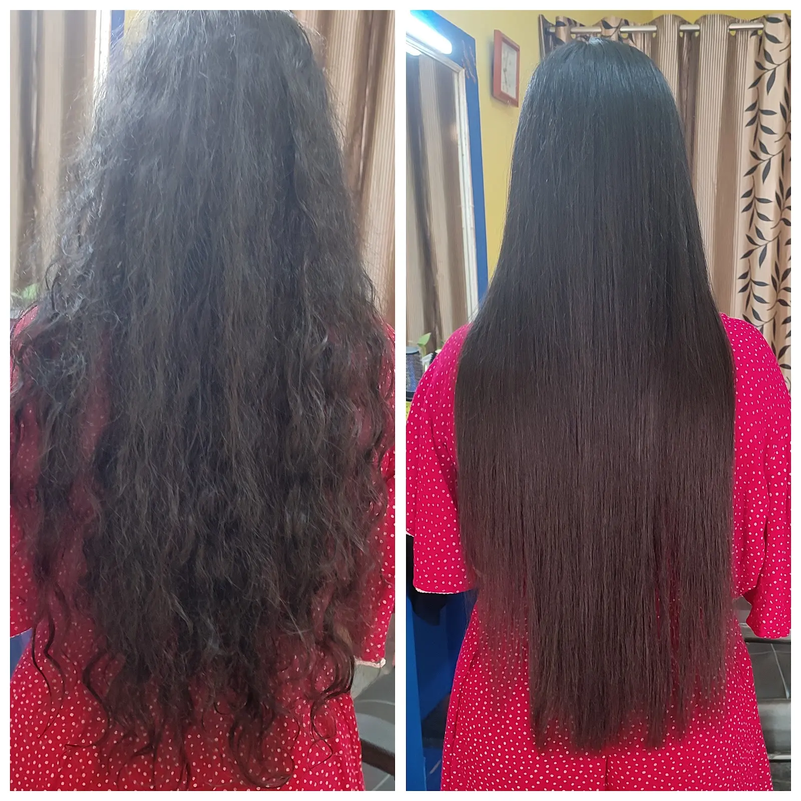 The same hair before and after treatment, frizzy on one side and straight on the other